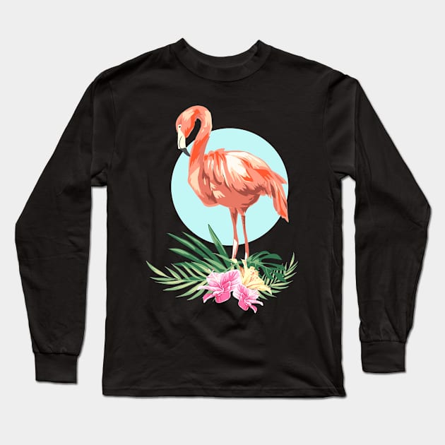 Flamingo Tropical Leaves Exotic Bird Long Sleeve T-Shirt by Foxxy Merch